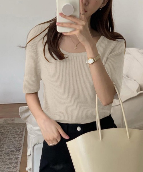 Miniministore(ミニミニストア)の「半袖 サマーニット レディースニットソー(Tシャツ/カットソー・レディース・ベージュ/グリーン/ピンク/ホワイト/ライトベージュ/ブラック・FREE)」の8枚目の写真