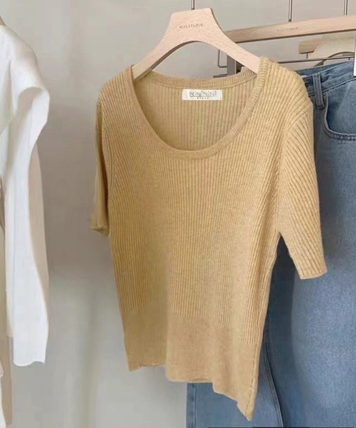 Miniministore(ミニミニストア)の「半袖 サマーニット レディースニットソー(Tシャツ/カットソー・レディース・ベージュ/グリーン/ピンク/ホワイト/ライトベージュ/ブラック・FREE)」の11枚目の写真