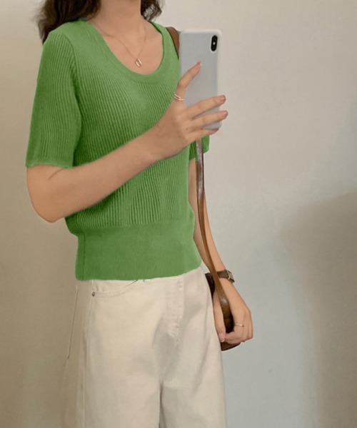 Miniministore(ミニミニストア)の「半袖 サマーニット レディースニットソー(Tシャツ/カットソー・レディース・ベージュ/グリーン/ピンク/ホワイト/ライトベージュ/ブラック・FREE)」の13枚目の写真