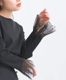 PICCIN PERLA | 袖口チュール付きボートネックコットンロングTシャツ(Tシャツ/カットソー)