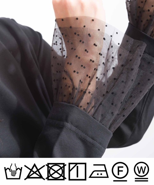 PICCIN PERLA(ピッチンペルラ)の「袖口チュール付きボートネックコットンロングTシャツ(Tシャツ/カットソー・レディース・ブラック/オフホワイト・M)」の6枚目の写真