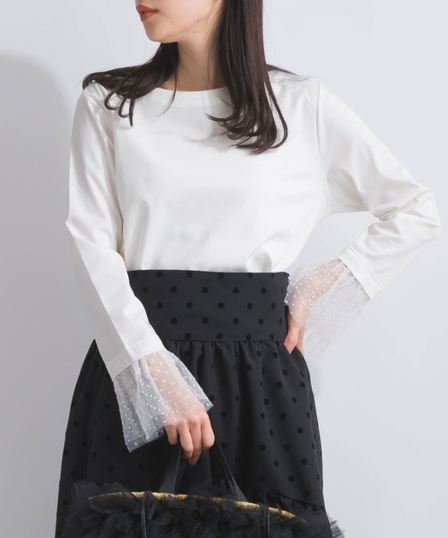 PICCIN PERLA(ピッチンペルラ)の「袖口チュール付きボートネックコットンロングTシャツ(Tシャツ/カットソー・レディース・ブラック/オフホワイト・M)」の3枚目の写真