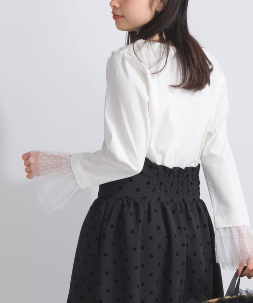PICCIN PERLA(ピッチンペルラ)の「袖口チュール付きボートネックコットンロングTシャツ(Tシャツ/カットソー・レディース・ブラック/オフホワイト・M)」の4枚目の写真