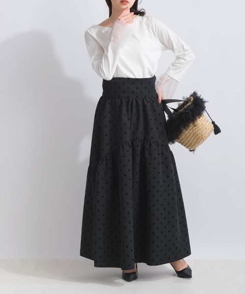 PICCIN PERLA(ピッチンペルラ)の「袖口チュール付きボートネックコットンロングTシャツ(Tシャツ/カットソー・レディース・ブラック/オフホワイト・M)」の8枚目の写真