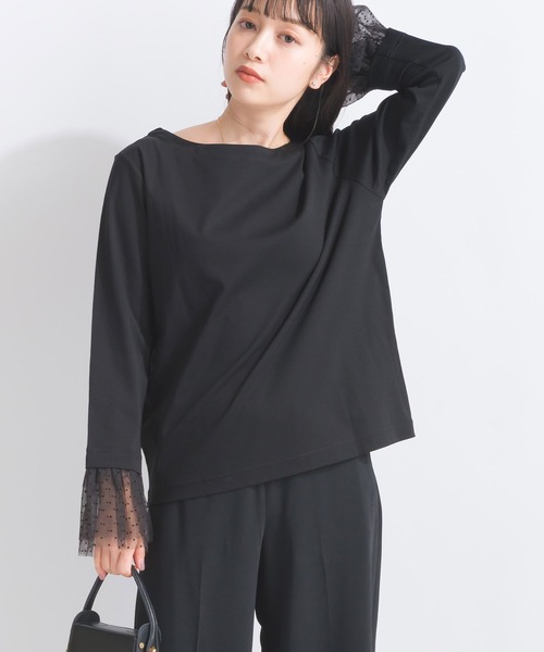 PICCIN PERLA(ピッチンペルラ)の「袖口チュール付きボートネックコットンロングTシャツ(Tシャツ/カットソー・レディース・ブラック/オフホワイト・M)」の14枚目の写真