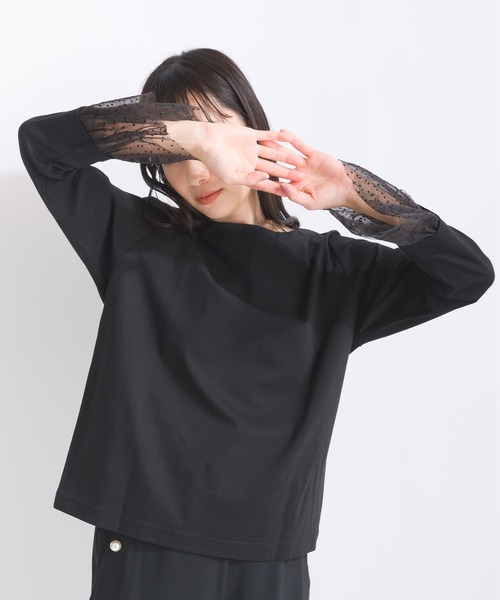 PICCIN PERLA(ピッチンペルラ)の「袖口チュール付きボートネックコットンロングTシャツ(Tシャツ/カットソー・レディース・ブラック/オフホワイト・M)」の17枚目の写真
