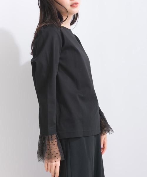 PICCIN PERLA(ピッチンペルラ)の「袖口チュール付きボートネックコットンロングTシャツ(Tシャツ/カットソー・レディース・ブラック/オフホワイト・M)」の16枚目の写真