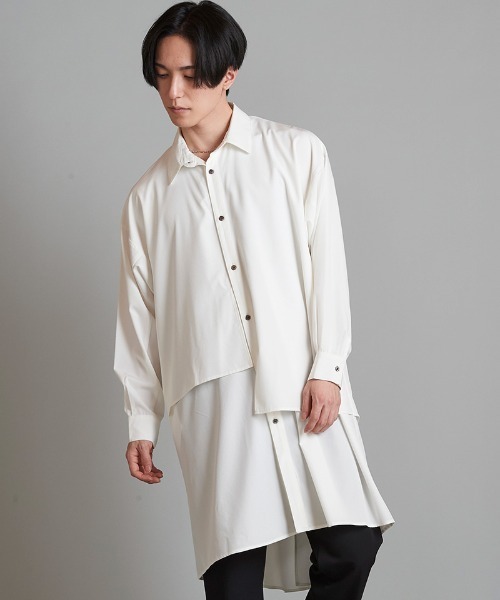 NO ID.(ノーアイディ)の「ms5621- レイヤードBIGロングSH シャツ(シャツ/ブラウス・メンズ・ホワイト/ブラック/マルチ・ONE SIZE)」の1枚目の写真