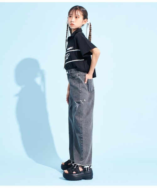 ANAP GiRL(アナップガール)の「クラッシュデザインワイドパンツ(デニムパンツ・キッズ・ライトブルー/ブラック・XS/S/M)」の7枚目の写真