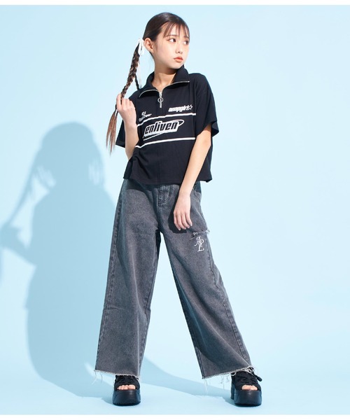 ANAP GiRL(アナップガール)の「クラッシュデザインワイドパンツ(デニムパンツ・キッズ・ライトブルー/ブラック・XS/S/M)」の6枚目の写真