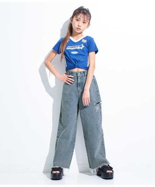ANAP GiRL(アナップガール)の「クラッシュデザインワイドパンツ(デニムパンツ・キッズ・ライトブルー/ブラック・XS/S/M)」の11枚目の写真