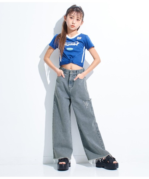ANAP GiRL(アナップガール)の「クラッシュデザインワイドパンツ(デニムパンツ・キッズ・ライトブルー/ブラック・XS/S/M)」の12枚目の写真