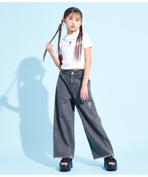 ANAP GiRL(アナップガール)の「クラッシュデザインワイドパンツ(デニムパンツ・キッズ・ライトブルー/ブラック・XS/S/M)」の9枚目の写真