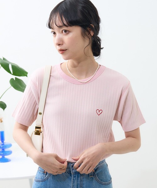 セール】ワンポイントハート刺繍 テレコボーダーTシャツ（T