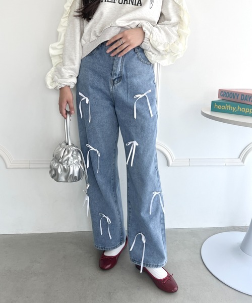未使用品 BONUM リボンデニムパンツ ブルー ノンヘッジ non-hedge リボン刺繍デニムストレートパンツ