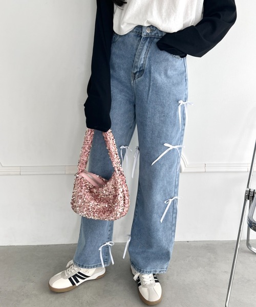 着用一回　トレゾア　リボンジーンズ JUNOAH ジーンズ デニム デニムパンツ リボンルーズデニムパンツ