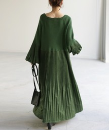ぽわん袖 プリーツ×ニット ワンピース