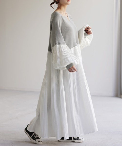 HUG.U（ハグユー）の「ぽわん袖 プリーツ×ニット ワンピース（ワンピース・レディース・グリーン/ライトグレー/ブラック/ダークベージュ・FREE）」の3枚目の写真