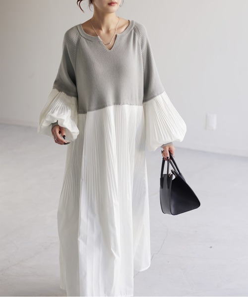 HUG.U（ハグユー）の「ぽわん袖 プリーツ×ニット ワンピース（ワンピース・レディース・グリーン/ライトグレー/ブラック/ダークベージュ・FREE）」の14枚目の写真