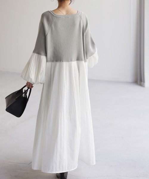 HUG.U（ハグユー）の「ぽわん袖 プリーツ×ニット ワンピース（ワンピース・レディース・グリーン/ライトグレー/ブラック/ダークベージュ・FREE）」の15枚目の写真