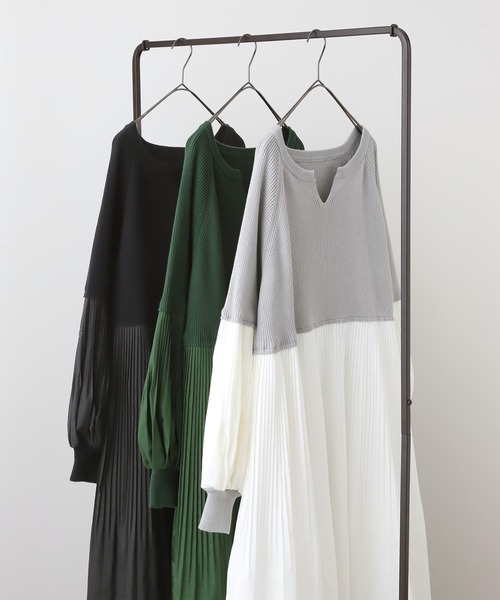 HUG.U（ハグユー）の「ぽわん袖 プリーツ×ニット ワンピース（ワンピース・レディース・グリーン/ライトグレー/ブラック/ダークベージュ・FREE）」の18枚目の写真