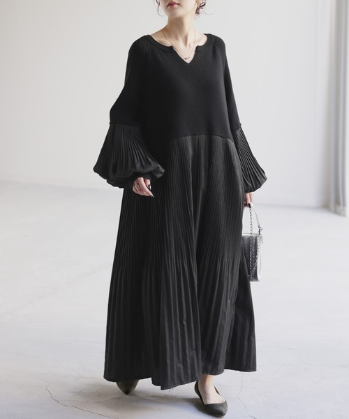 HUG.U（ハグユー）の「ぽわん袖 プリーツ×ニット ワンピース（ワンピース・レディース・グリーン/ライトグレー/ブラック/ダークベージュ・FREE）」の7枚目の写真