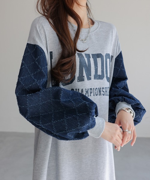 セール】キルティングパフスリーブオーバーサイズロゴスウェット