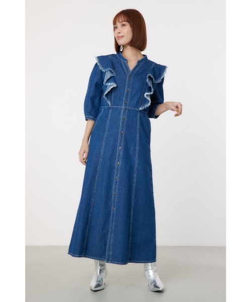 RODEO CROWNS WIDE BOWL（ロデオクラウンズワイドボウル）の「フリルデザインデニムロングワンピース（ワンピース・レディース・ブラック/ブルー・FREE）」の3枚目の写真