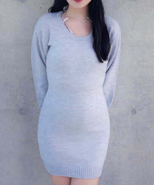 ALLuRing ChaRm(アリュリングチャーム)の「Shoulder Ribbon Mini Knit Dress / ショルダーリボンニットミニワンピース(ワンピース・レディース・グレー/ピンク・FREE)」の17枚目の写真