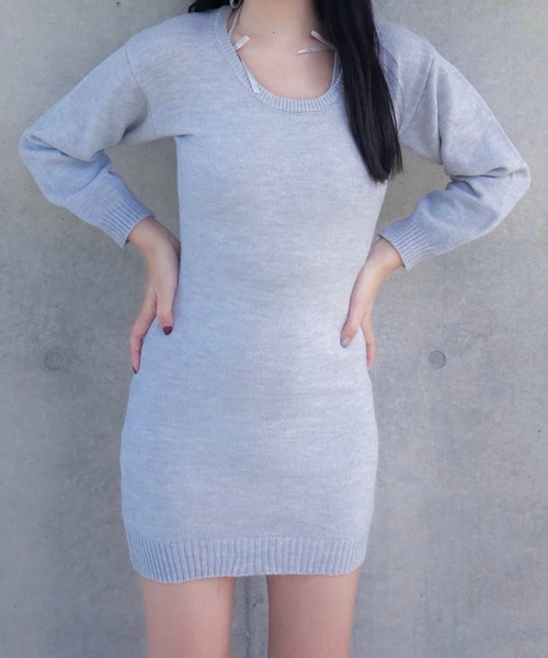ALLuRing ChaRm(アリュリングチャーム)の「Shoulder Ribbon Mini Knit Dress / ショルダーリボンニットミニワンピース(ワンピース・レディース・グレー/ピンク・FREE)」の15枚目の写真