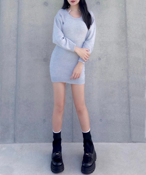 ALLuRing ChaRm(アリュリングチャーム)の「Shoulder Ribbon Mini Knit Dress / ショルダーリボンニットミニワンピース(ワンピース・レディース・グレー/ピンク・FREE)」の5枚目の写真