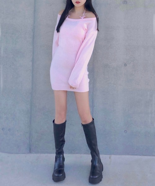 ALLuRing ChaRm(アリュリングチャーム)の「Shoulder Ribbon Mini Knit Dress / ショルダーリボンニットミニワンピース(ワンピース・レディース・グレー/ピンク・FREE)」の3枚目の写真