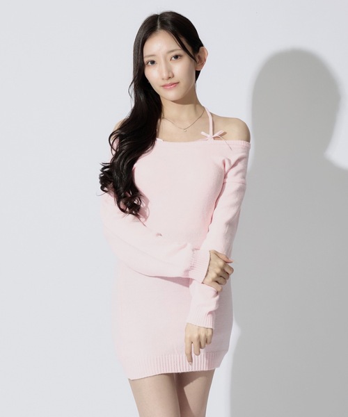 ALLuRing ChaRm(アリュリングチャーム)の「Shoulder Ribbon Mini Knit Dress / ショルダーリボンニットミニワンピース(ワンピース・レディース・グレー/ピンク・FREE)」の16枚目の写真