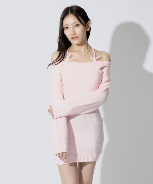 ALLuRing ChaRm(アリュリングチャーム)の「Shoulder Ribbon Mini Knit Dress / ショルダーリボンニットミニワンピース(ワンピース・レディース・グレー/ピンク・FREE)」の10枚目の写真