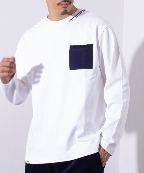 GLOSTER(グロスター)の「【GLOSTER/グロスター】ニットポケット ハンドステッチ ポケット長袖Tシャツ(Tシャツ/カットソー・メンズ・グレー/ホワイト/ネイビー・S/L/M)」の2枚目の写真