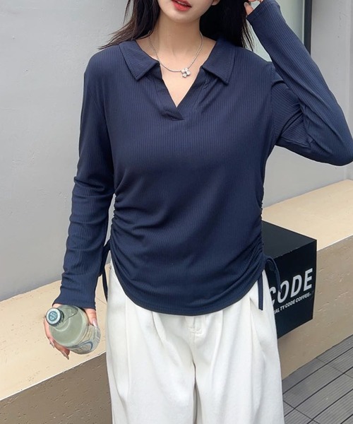 aimoha（アイモハ）の「サイドシャーリングリボン襟付きVネックリブトップス（Tシャツ/カットソー・レディース・ブラック/グレー/ホワイト/ワインレッド/ベージュ/ネイビー・FREE）」の5枚目の写真