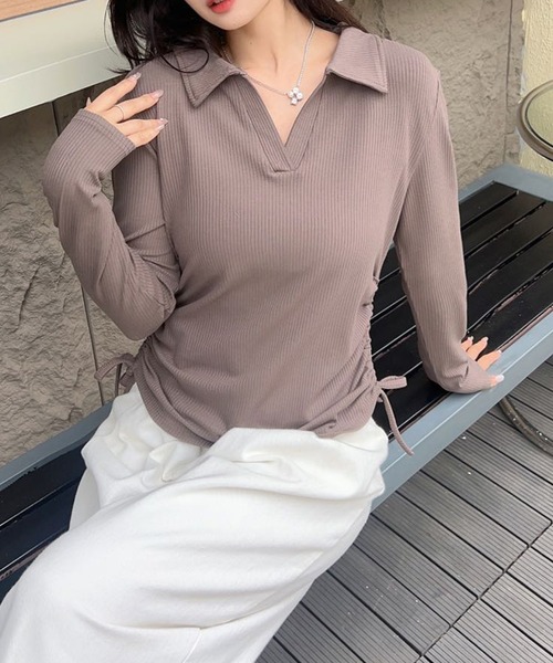 aimoha（アイモハ）の「サイドシャーリングリボン襟付きVネックリブトップス（Tシャツ/カットソー・レディース・ブラック/グレー/ホワイト/ワインレッド/ベージュ/ネイビー・FREE）」の15枚目の写真