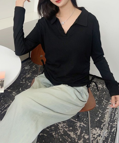aimoha（アイモハ）の「サイドシャーリングリボン襟付きVネックリブトップス（Tシャツ/カットソー・レディース・ブラック/グレー/ホワイト/ワインレッド/ベージュ/ネイビー・FREE）」の14枚目の写真