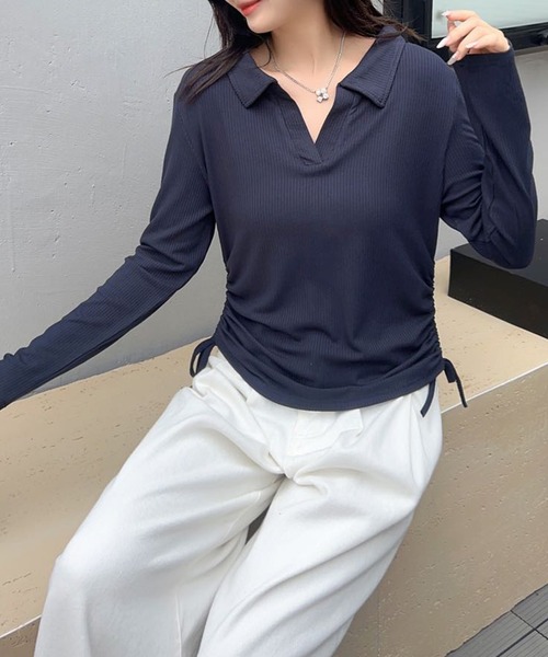 aimoha（アイモハ）の「サイドシャーリングリボン襟付きVネックリブトップス（Tシャツ/カットソー・レディース・ブラック/グレー/ホワイト/ワインレッド/ベージュ/ネイビー・FREE）」の13枚目の写真