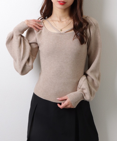 Lace Ladies（レースレディース）の「スクエアネック ギャザースリーブ リブ ニット トップス（ニット/セーター・レディース・アイボリー/グレイッシュベージュ/ブラック/ホワイト/グリーン・FREE）」の5枚目の写真