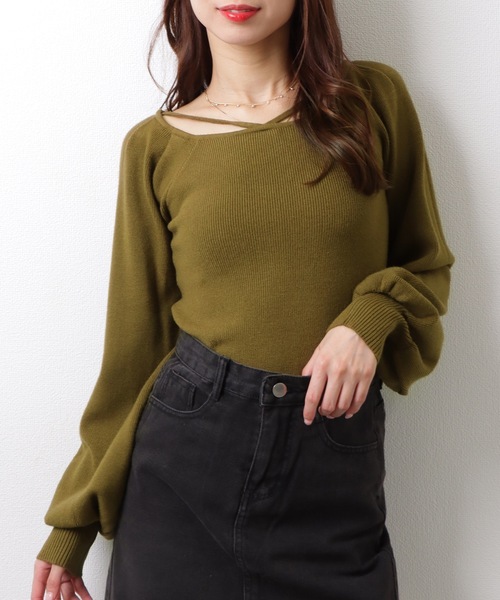 セール】スクエアネック ギャザースリーブ リブ ニット トップス