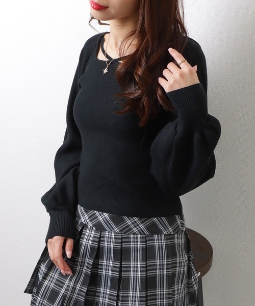 Lace Ladies（レースレディース）の「スクエアネック ギャザースリーブ リブ ニット トップス（ニット/セーター・レディース・アイボリー/グレイッシュベージュ/ブラック/ホワイト/グリーン・FREE）」の10枚目の写真