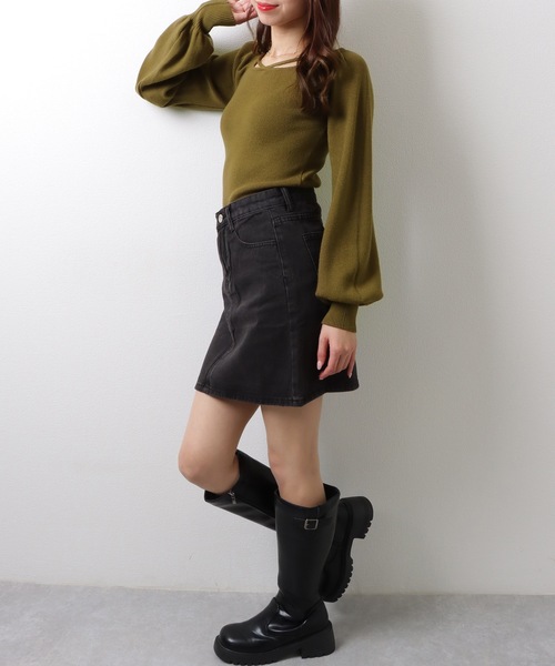Lace Ladies（レースレディース）の「スクエアネック ギャザースリーブ リブ ニット トップス（ニット/セーター・レディース・アイボリー/グレイッシュベージュ/ブラック/ホワイト/グリーン・FREE）」の13枚目の写真
