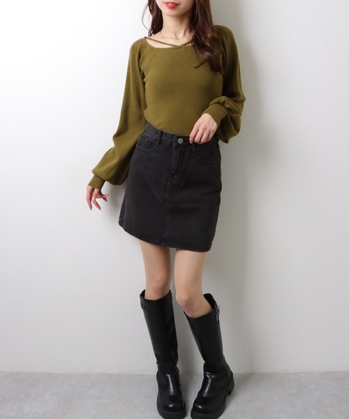 Lace Ladies（レースレディース）の「スクエアネック ギャザースリーブ リブ ニット トップス（ニット/セーター・レディース・アイボリー/グレイッシュベージュ/ブラック/ホワイト/グリーン・FREE）」の16枚目の写真