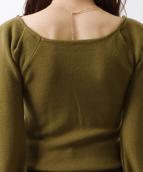 セール】スクエアネック ギャザースリーブ リブ ニット トップス