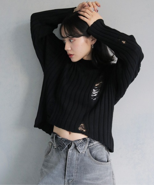 cheriella（シェリエラ）の「【cheriella】ダメージニットプルオーバー DAMAGED KNIT PULLOVER（ニット/セーター・レディース・ホワイト/ブラック/ブルー・M）」の3枚目の写真