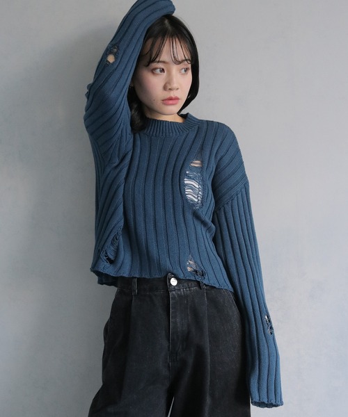 cheriella（シェリエラ）の「【cheriella】ダメージニットプルオーバー DAMAGED KNIT PULLOVER（ニット/セーター・レディース・ホワイト/ブラック/ブルー・M）」の11枚目の写真