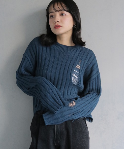 cheriella（シェリエラ）の「【cheriella】ダメージニットプルオーバー DAMAGED KNIT PULLOVER（ニット/セーター・レディース・ホワイト/ブラック/ブルー・M）」の12枚目の写真