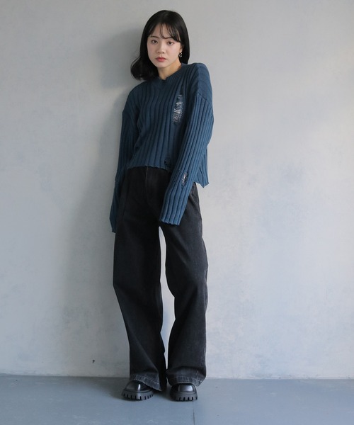 cheriella（シェリエラ）の「【cheriella】ダメージニットプルオーバー DAMAGED KNIT PULLOVER（ニット/セーター・レディース・ホワイト/ブラック/ブルー・M）」の8枚目の写真