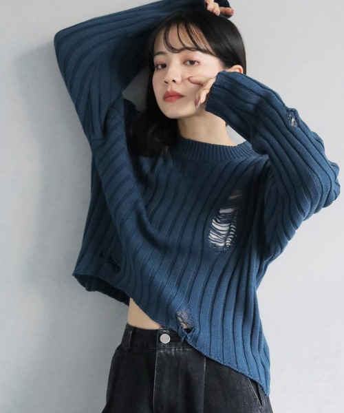 cheriella（シェリエラ）の「【cheriella】ダメージニットプルオーバー DAMAGED KNIT PULLOVER（ニット/セーター・レディース・ホワイト/ブラック/ブルー・M）」の10枚目の写真